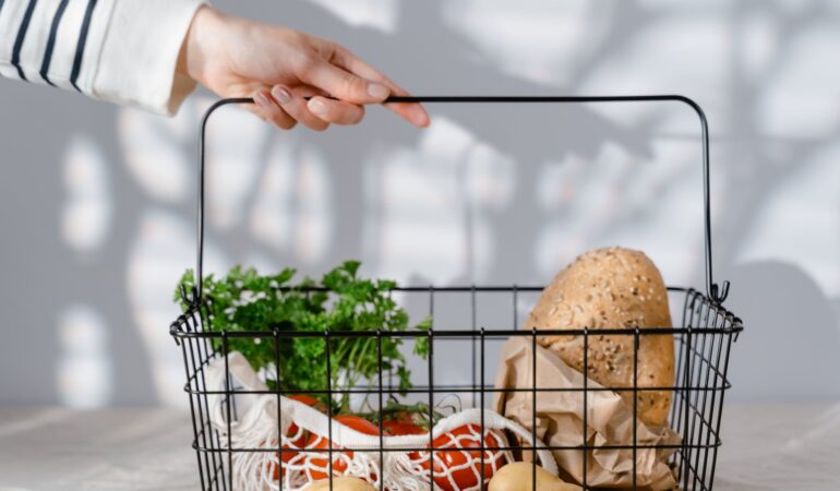 grocery items on metal basket