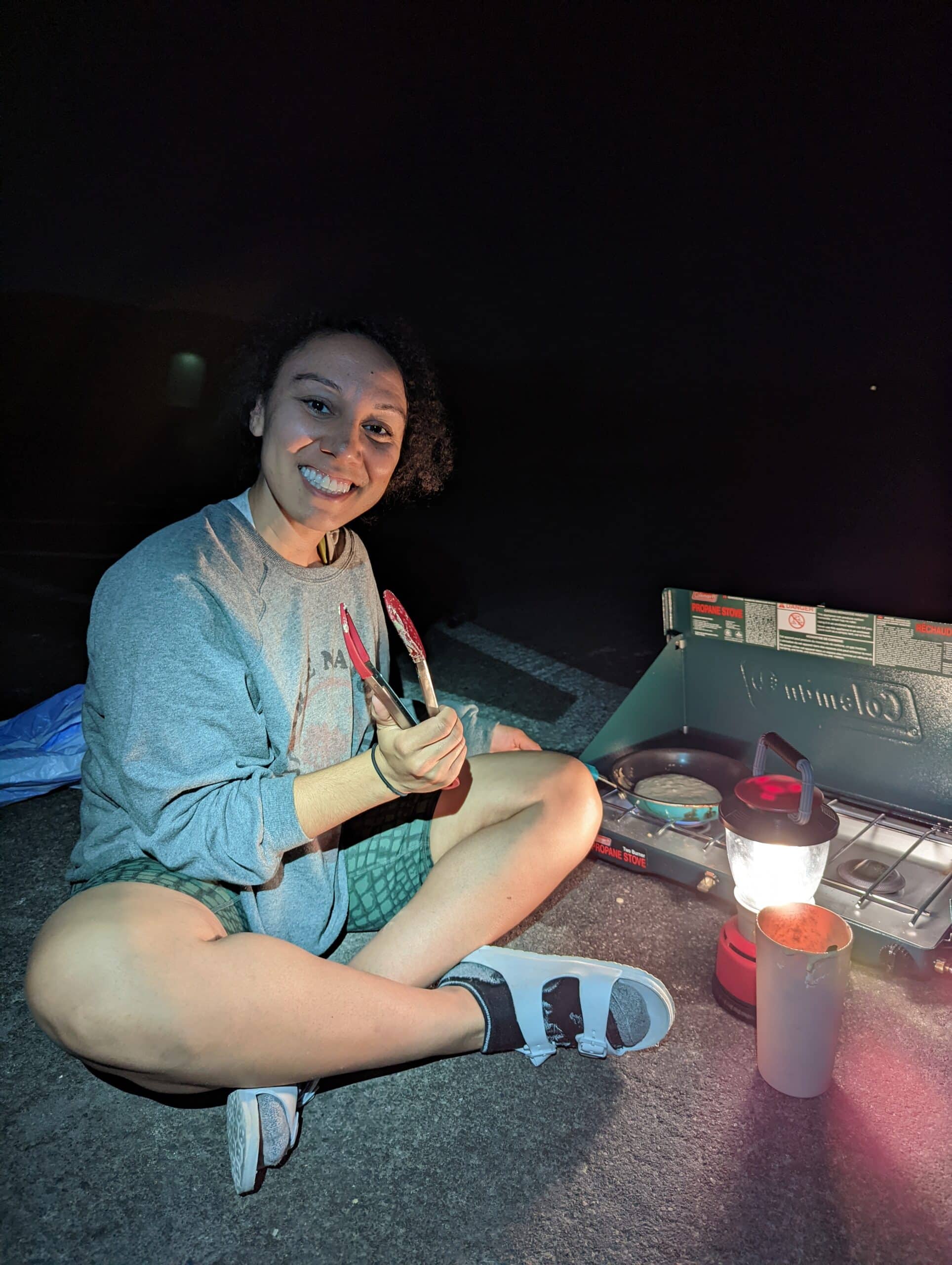 cooking while camping vegan pancakes for dinner
