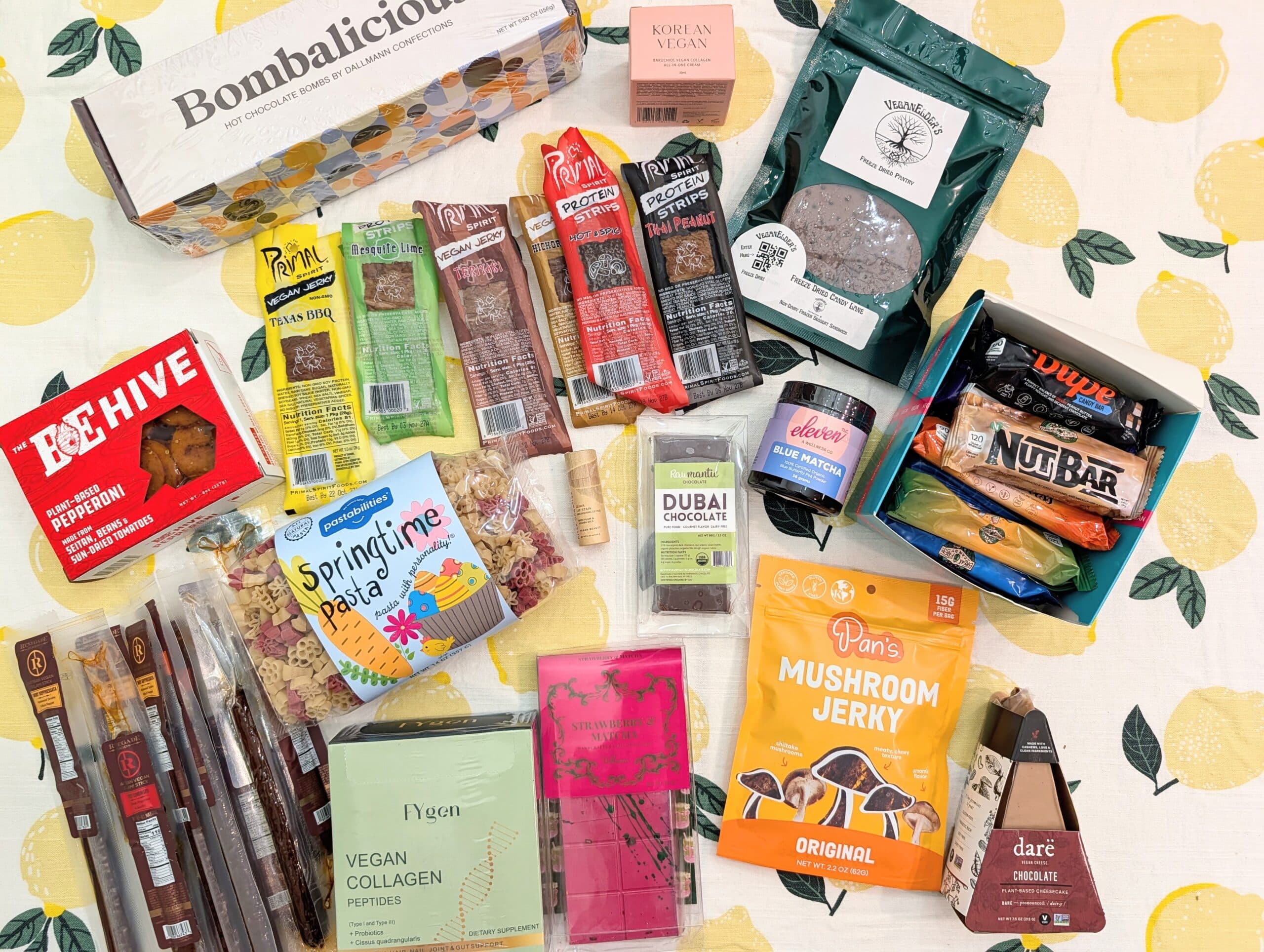 Vegan America items listed below laid out on kitchen table